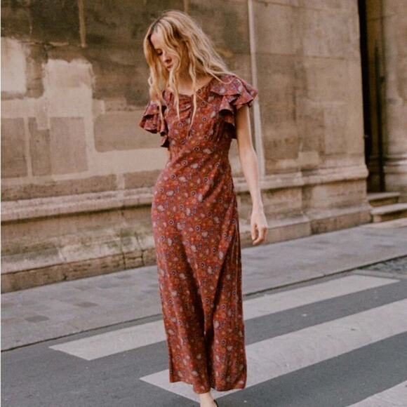 NWT Doen Beatriz Silk Ruffle Short Sleeve Maxi Dress Rouge Adaline Medallian - Picture 1 of 11